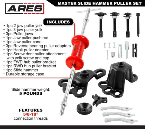 Master Slide Hammer Puller Set – 10-Way Slide Hammer Puller Set Includes 3-Piece Rear Axle Bearing Puller Kit with durable case
