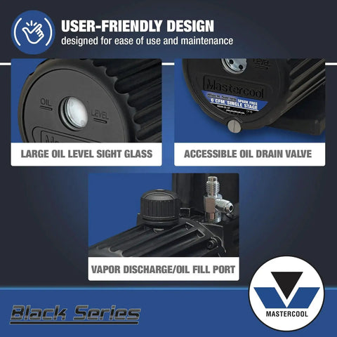 Mastercool Black Series 90066 BL SF vacuum pump features: oil level sight glass, oil drain valve, vapor discharge port.