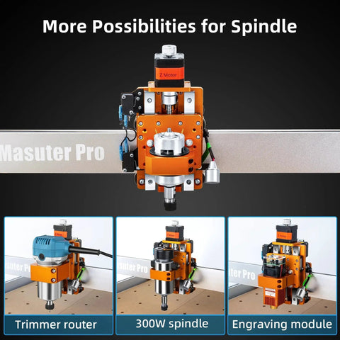 Masuter Pro 3 Axis CNC Router Machine with all metal construction and linear rail Z axis, showcasing spindle options and modules.