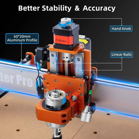 Close-up of Masuter Pro 3 Axis CNC Router Machine with Linear Rail Z Axis for precise wood and acrylic engraving and milling.