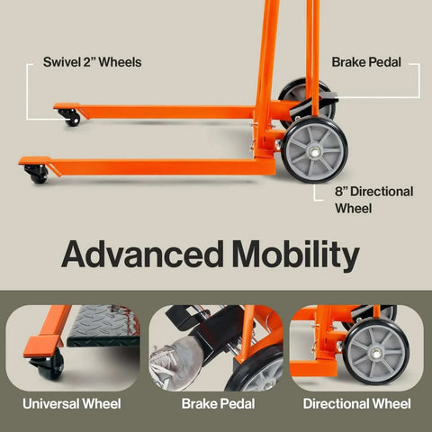 Material Lift Stacker 330 Lb Capacity With 40 Inch Lift Height 8 Inch Wheels Pallet Truck Dolly showing swivel and directional wheels