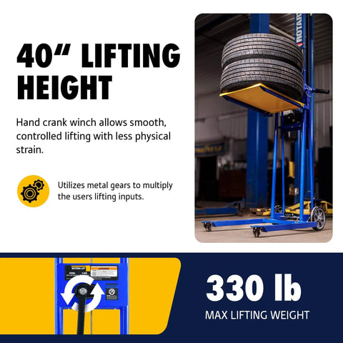 Material Lift Winch Stacker Pallet Truck Dolly With 330 Lbs Capacity And 40 Inch Max Lift 8 Inch Wheels And Swivel Casters