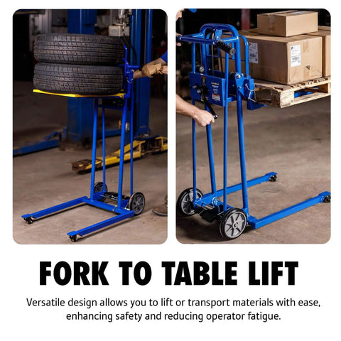 Material Lift Winch Stacker Pallet Truck Dolly with 330 lbs capacity lifting tires and boxes in a warehouse