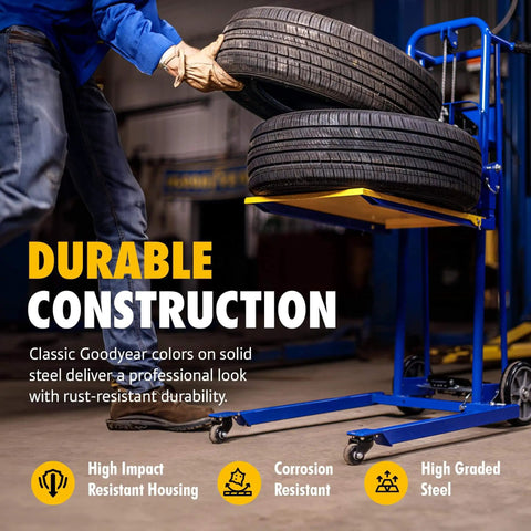 Material Lift Winch Stacker Pallet Truck Dolly With 330 Lbs Capacity And 40 Inch Max Lift in use lifting tires