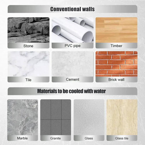 Chart showing materials for conventional walls and water-cooled materials, including stone, PVC, tile, cement, marble, glass, and tiles.