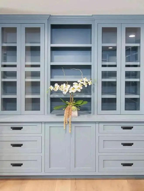 Blue cabinets with 10 Pack 3 Inch Center To Center Matte Black Cabinet Cup Pulls For Drawers And Cabinets installed, elegant modern hardware.