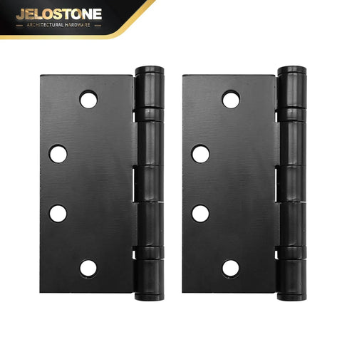 Image of two matte black ball bearing door hinges from a Three Pack 4.5 Inch by 4.5 Inch Commercial Grade Ball Bearing Door Hinges With Non Removable Pin UL Listed And 3 Hour Fire Rated Full Mortise JS-5BB1 Matte Black Ideal For High Traffic Commercial Doors In Offices And Schools And Other Busy Environments set.
