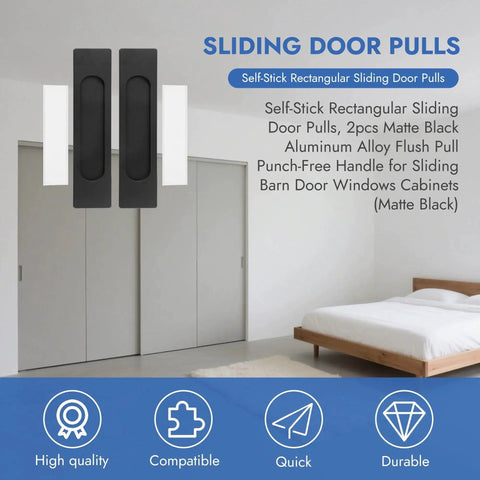 Self Stick Rectangular Sliding Door Pulls Two Piece Set Matte Black Aluminum Flush Handles shown in home setting