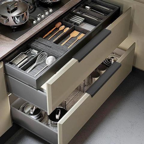 Open kitchen drawers with 30 Pack Matte Black Aluminum Cabinet Handles 5.9 Inch Flat Back Hidden Back Mount Finger Pulls