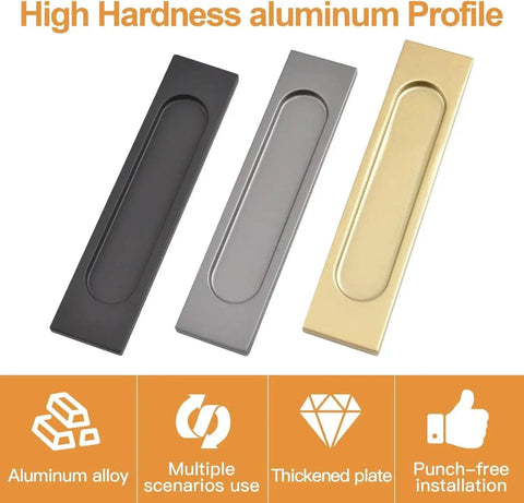 Three high hardness aluminum profile handles in black, gray, and gold for Self Stick Rectangular Sliding Door Pulls Two Piece Set Matte Black Aluminum Flush.