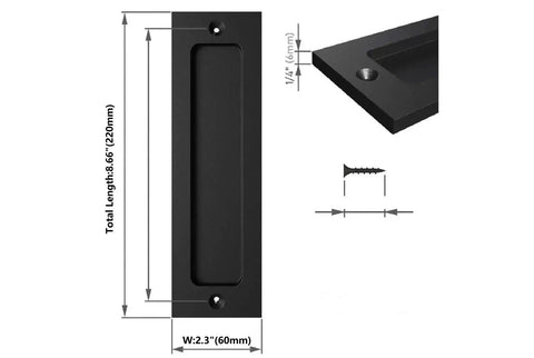 Flush Sliding Barn Door Handle Heavy Duty Finger Pull With Rectangular Plate Matte Black Finish, shows dimensions and screws.
