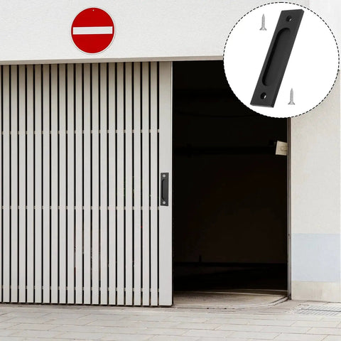 Open garage door with Matte Black Sliding Barn Door Handles 2 Pack Rectangular Recessed Pulls, 6 Inch, Aluminum Alloy, screws included.
