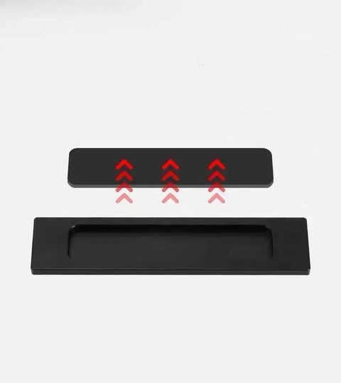 Flush Sliding Barn Door Handle Heavy Duty Finger Pull With Rectangular Plate Matte Black Finish Ideal For Sliding Barn Doors Cabinets Closets And Drawers No Sharp Edges Smooth Operation Durable Rust Resistant Construction One Piece Eight Point Six Six separated from its backplate showing assembly.