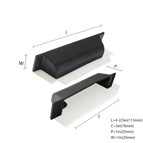 10 Pack 3 Inch Center To Center Matte Black Cabinet Cup Pulls For Drawers And Cabinets with dimensions labeled