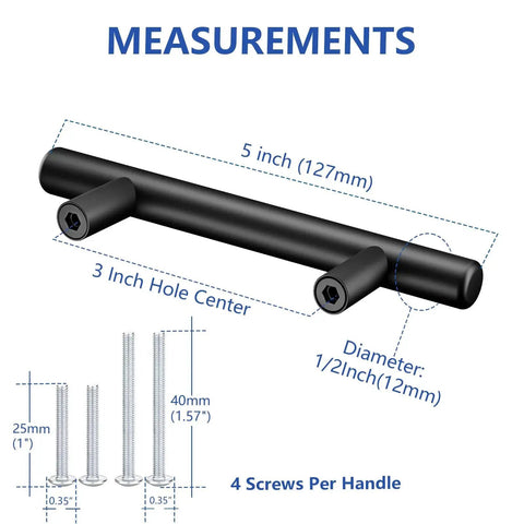 Diagram showing measurements of Matte Black Cabinet Handles 60 Pack With 3 Inch Hole Centers And 5 Inch Overall Length.
