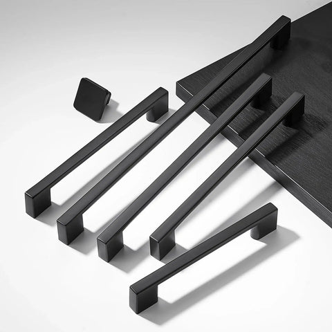 Five Pack Cabinet Handles 8.8 Inch 224mm Screw Spacing Matte Black Furniture Hardware Pulls for Kitchen and Bedroom Cabinets Solid Zinc Alloy Durable Easy to Install High Quality Hardware With 100 Day After Sales Guarantee, set of black handles on a white background and black board