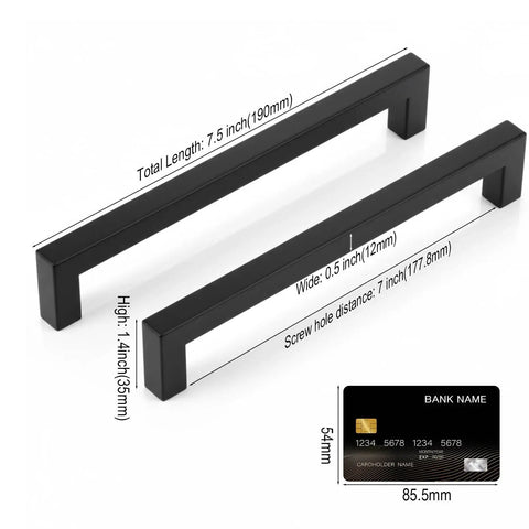 10 Pack Matte Black Cabinet Handles Stainless Steel Drawer Pulls For Kitchen Cabinets showing dimensions and matte finish