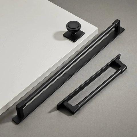 10 Pack Classic Solid Cabinet Handles With Metal Base Plate 6.3 Inch Screw Spacing Matte Black for Kitchen Cabinets