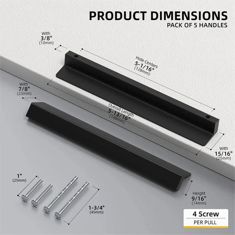 10 Pack 5 Inch Matte Black Cabinet Handles Drawer Pulls for Cabinets and Cupboards Modern Edge Pulls Finger Pulls Hidden Cabinet Hardware Aluminium Alloy Center To Center 128 Mm Total Length 148 Mm Height 25 Mm Easy Screwdriver Installation with screws shown
