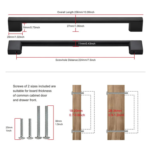 Diagram showing Five Pack Cabinet Handles 8.8 Inch 224mm Screw Spacing Matte Black Furniture Hardware Pulls dimensions and screws.