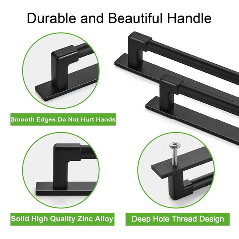 10 Pack Classic Solid Cabinet Handles With Metal Base Plate 6.3 Inch Screw Spacing Matte Black Furniture Hardware Details