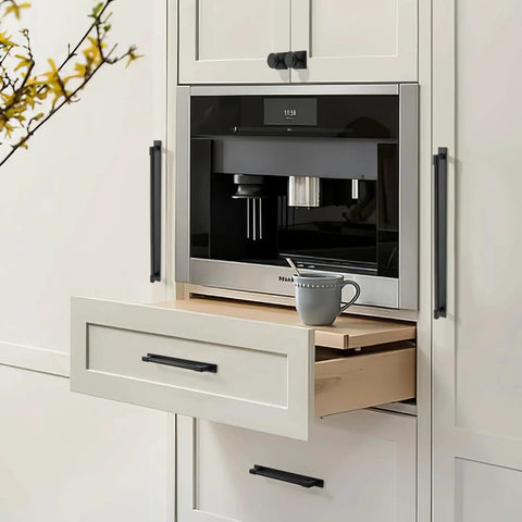 Kitchen cabinet with installed 10 Pack Classic Solid Cabinet Handles With Metal Base Plate 6.3 Inch Screw Spacing Matte Black Furniture Hardware.