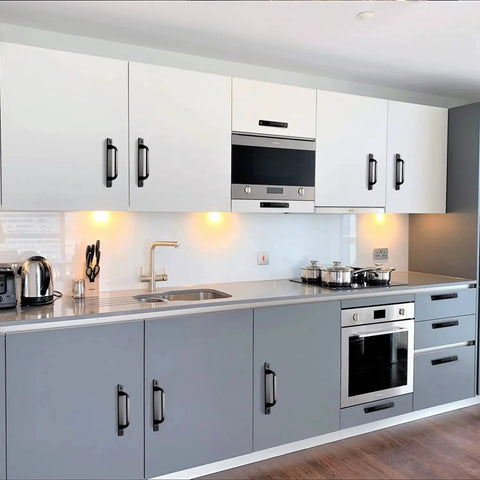 Kitchen cabinets with 12 Pack 5 Inch Matte Black Square Cabinet Handles With Base Plate Aluminum Drawer Pulls And Sliding Door Pulls For Cabinets And Furniture Includes 24 Screws And Easy Drill Punch Free Installation installed, featuring modern design.