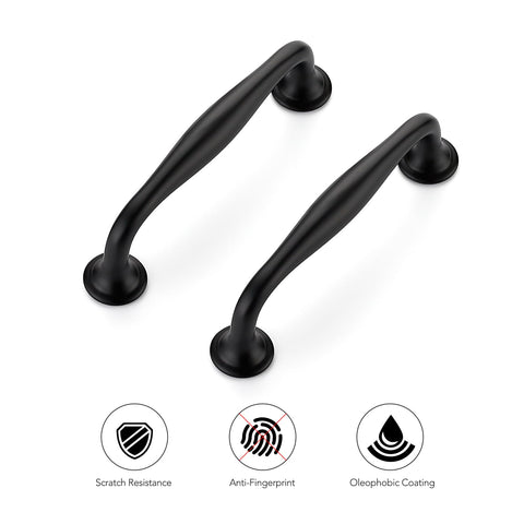 Two handles from 10 Pack Matte Black 3-3/4 Inch Kitchen Cabinet Handles Solid Zinc Alloy Cupboard And Drawer Pulls showing scratch resistance.