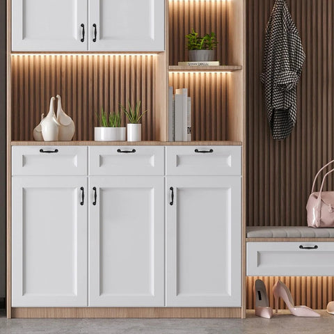 White cabinets with 10 Pack Matte Black 3-3/4 Inch Kitchen Cabinet Handles Solid Zinc Alloy Cupboard And Drawer Pulls installed.