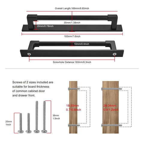 Diagram showing dimensions of 10 Pack Classic Solid Cabinet Handles With Metal Base Plate 6.3 Inch Screw Spacing, and included screws.