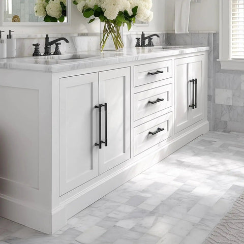 Bathroom cabinet with matte black hardware featuring 20-Pack Matte Black Cabinet Knobs For Kitchen Cabinets And Drawers, Dresser, Bathroom and Closet.