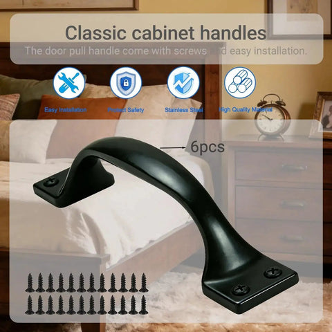 Six Pack Five Point Six Inch Cabinet Pulls And Door Handles In Matte Black Stainless Steel Premium Hardware displayed on bedroom furniture