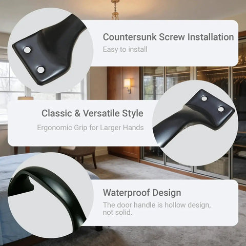 Three views of Six Pack Five Point Six Inch Cabinet Pulls And Door Handles In Matte Black Stainless Steel Premium Hardware.