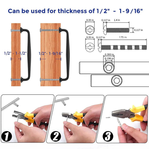 Five Pack Six And A Quarter Inch Matte Black Kitchen Cabinet Pulls installation steps and dimensions illustration.
