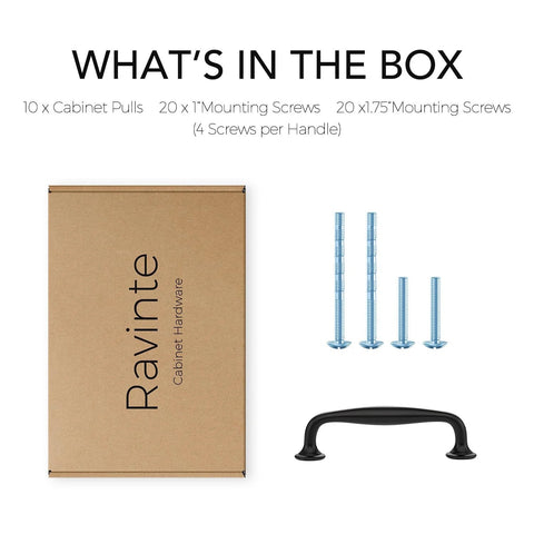 Packaging with contents of 10 Pack Matte Black 3-3/4 Inch Kitchen Cabinet Handles Solid Zinc Alloy Cupboard and Drawer Pulls, screws included.