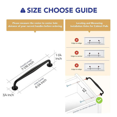 Five Pack Six And A Quarter Inch Matte Black Kitchen Cabinet Pulls Made From Solid Zinc Alloy with size guide diagram