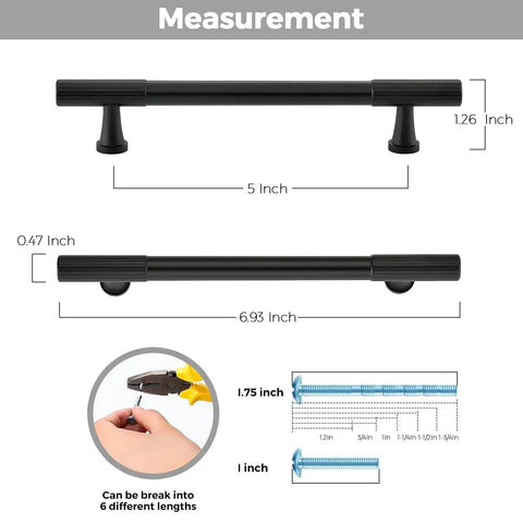 Diagram of 12 Pack Matte Black Cabinet Pulls 5 Inch Center To Center Handles with measurements and screw length details.