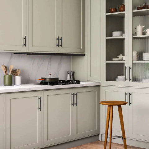 Modern kitchen with gray cabinets featuring 12 Pack Matte Black Cabinet Pulls 5 Inch Center To Center Handles For Cabinets And Dressers.