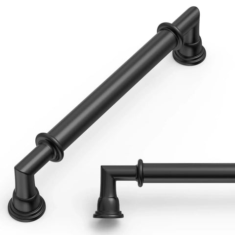10 Pack Matte Black Cabinet Pulls with 5 Inch Center to Center Hole Spacing, solid zinc alloy, front and side view