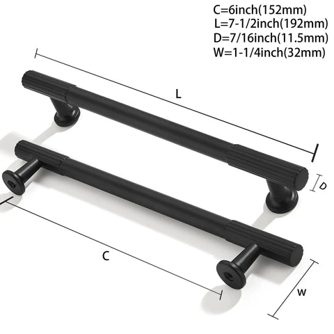 2 Pack 6 Inch Center To Center Matte Black Cabinet Pulls Heavy Duty Drawer Handles shown with dimensions for kitchens and cabinets