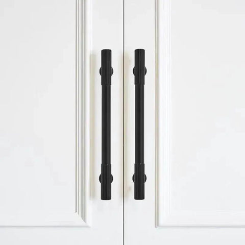 2 Pack 6 Inch Center To Center Matte Black Cabinet Pulls Heavy Duty Drawer Handles for kitchens, bathrooms, and cabinets installed on white doors