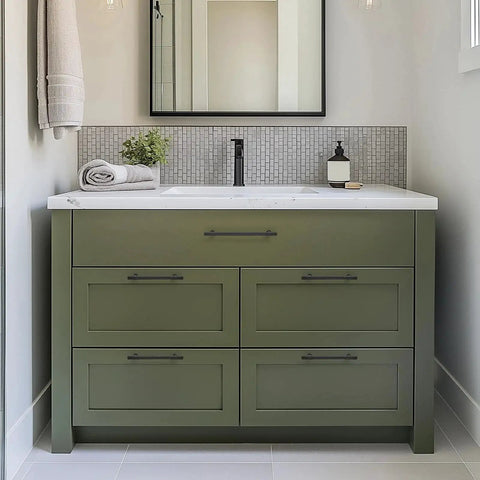 Green vanity with 12 Pack Matte Black Cabinet Pulls 5 Inch Center To Center Handles For Cabinets And Dressers in a bathroom setting.