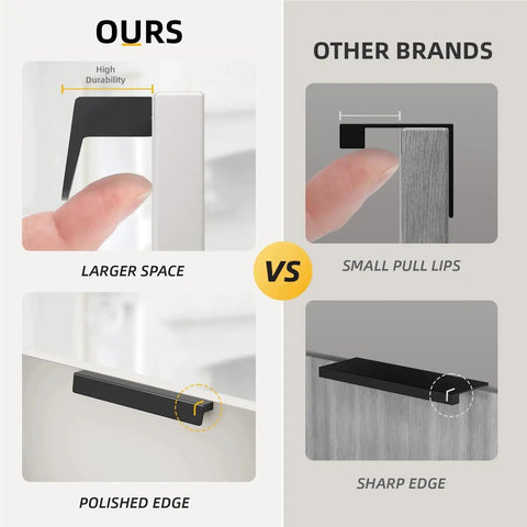 Comparison of 10 Pack 5 Inch Matte Black Cabinet Handles Drawer Pulls vs other brands, highlighting larger space and polished edges.