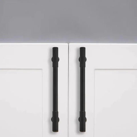 2 Pack 6 Inch Center To Center Matte Black Cabinet Pulls Heavy Duty Drawer Handles installed on white cabinet doors
