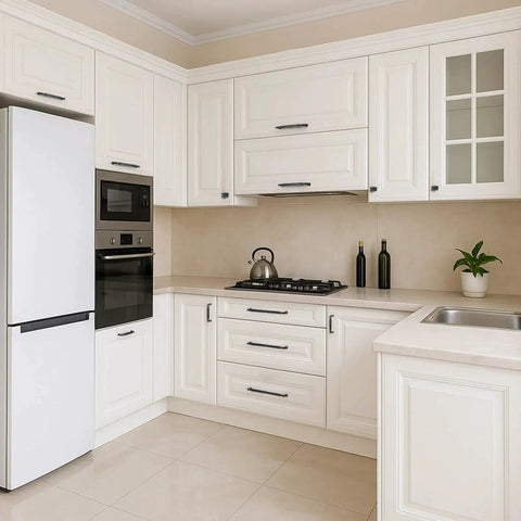 Modern kitchen with white cabinets featuring 10 Pack Matte Black Cabinet Pulls With 5 Inch Center To Center Measurement Solid Zinc Alloy Drawer Handles.