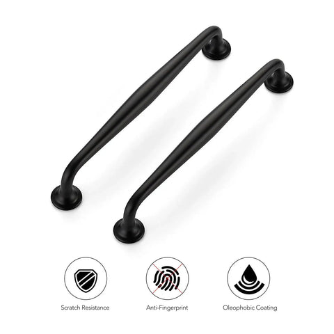 Image of two Five Pack Six And A Quarter Inch Matte Black Kitchen Cabinet Pulls Made From Solid Zinc Alloy with scratch resistance icons