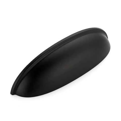 Matte black cup drawer pull for cabinets and drawers, 5-inch hole centers, overall length 5-3/4 inch, includes screws, easy DIY installation.