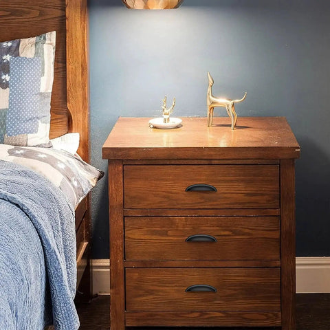 Wooden nightstand with 10 Pack Matte Black Cup Drawer Pulls For Cabinets And Drawers, 5 Inch Hole Centers installed, room decor