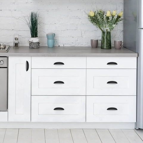 Cabinet with 10 Pack Matte Black Cup Drawer Pulls For Cabinets And Drawers, 5 Inch Hole Centers, Overall Length 5-3/4 Inch
