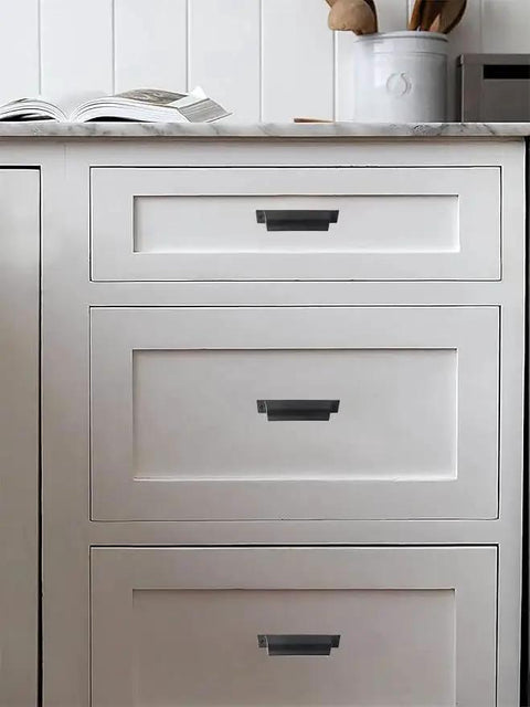 Installed 10 Pack 3 Inch Center To Center Matte Black Cabinet Cup Pulls For Drawers And Cabinets on white kitchen drawers